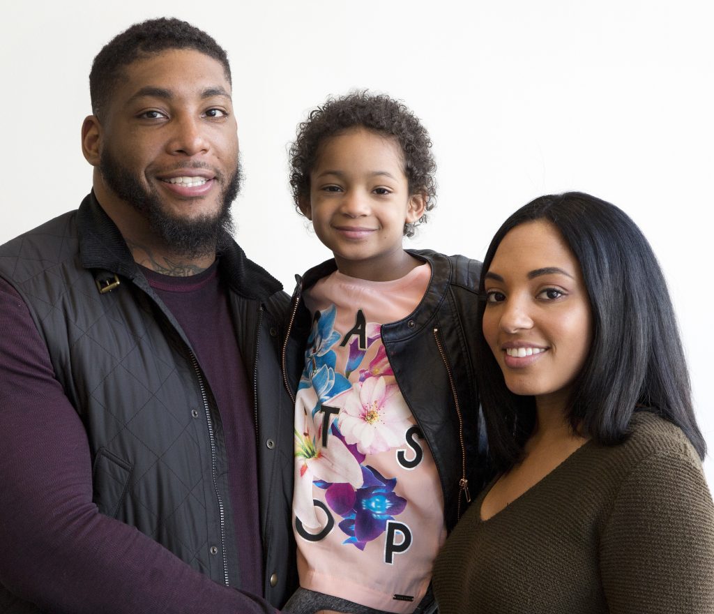 Devon Still, Leah Still, Asha Joyce In this April 12, 2016, file photo, Devon Still and his fiancee, Asha Joyce, pose with their daughter, Leah, then 5, in New York. (Mark Lennihan/AP Photo, File)