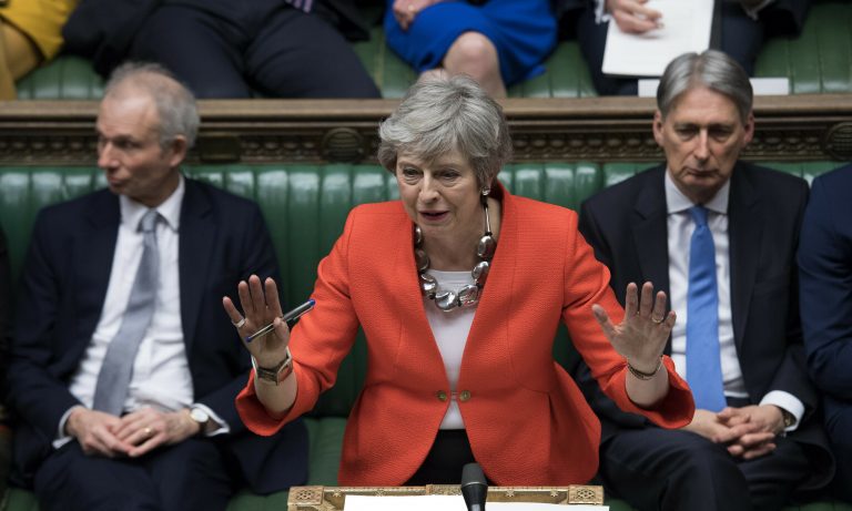In this Tuesday March 12, 2019 file photo Britain's Prime Minister Theresa May speaks to lawmakers in parliament, London. Britain's love-hate relationship with the rest of Europe goes back decades, but the Brexit crisis gripping it today stems from dramatic January 2013 speech by Prime Minister David Cameron in which he promised an 