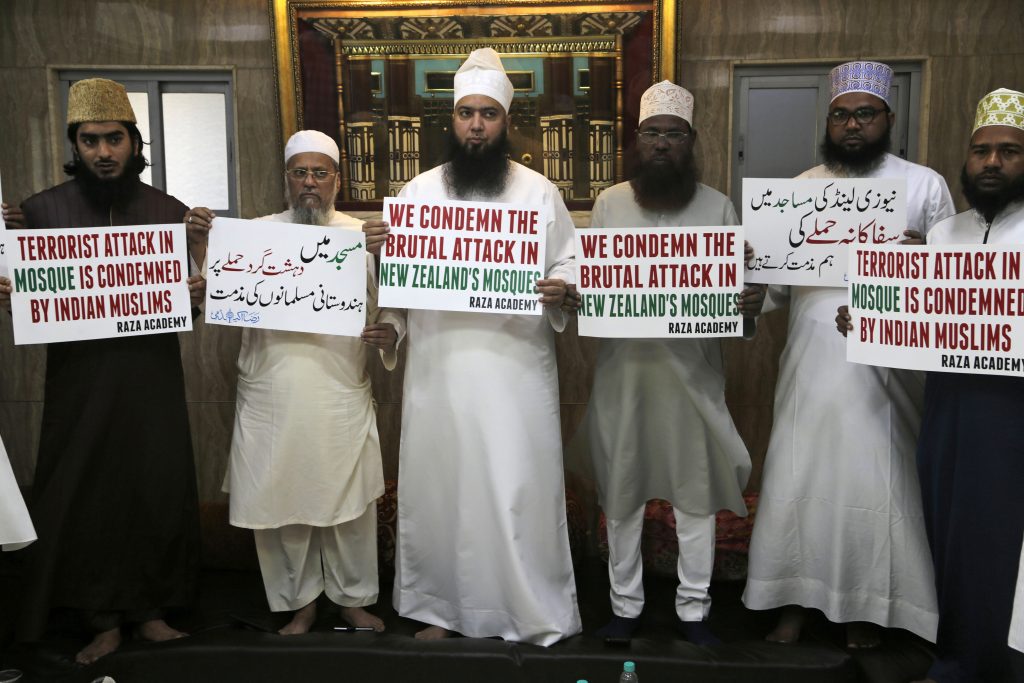 India New Zealand Mass Shootings Indian Muslims hold placards during a condolence meeting and protest against Fridays mass shootings in New Zealand in Mumbai, India, Friday, March. 15, 2019. Dozens of people were killed in mass shootings at two mosques full of worshippers attending Friday prayers on what the prime minister called
