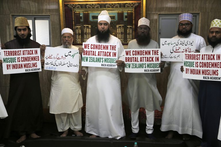 Indian Muslims hold placards during a condolence meeting and protest against Fridays mass shootings in New Zealand in Mumbai, India, Friday, March. 15, 2019. Dozens of people were killed in mass shootings at two mosques full of worshippers attending Friday prayers on what the prime minister called 