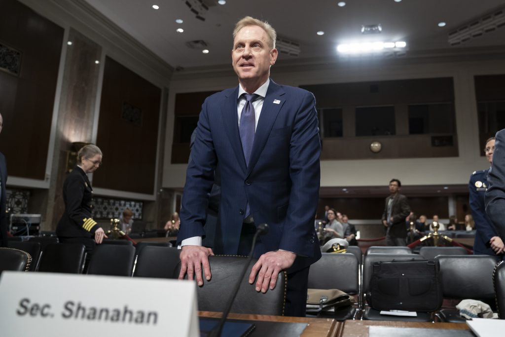 Patrick Shanahan In this March 14, 2019, photo, acting Defense Secretary Patrick Shanahan goes before the Senate Armed Services Committee to discuss the Department of Defense budget, on Capitol Hill in Washington. To a remarkable degree, the Pentagon’s new budget proposal is shaped by national security threats that Shanahan has summarized in three words: “China, China, China.” (J. Scott Applewhite/AP Photo)