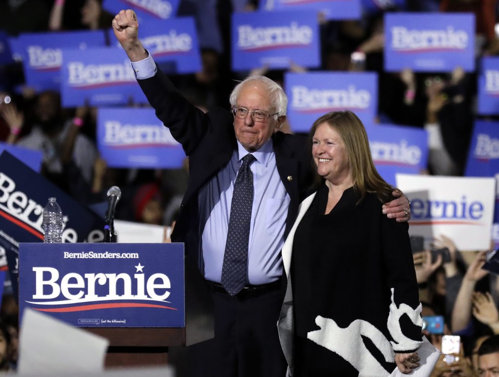 Bernie Sanders, Jane O’Meara Sanders In this March 3, 2019, file photo, Sen. Bernie Sanders, I-Vt., left, and his wife, Jane Sanders, greet supporters as they leave after his 2020 presidential campaign stop at Navy Pier in Chicago. (Nam Y. Huh/AP Photo)