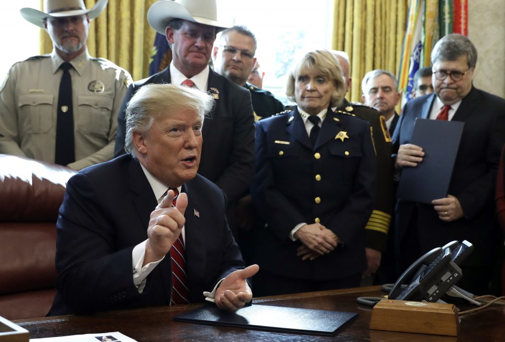 Donald Trump President Donald Trump speaks about border security in the Oval Office of the White House, Friday, March 15, 2019, in Washington. Trump issued the first veto of his presidency, overruling Congress to protect his emergency declaration for border wall funding. (Evan Vucci/AP Photo)