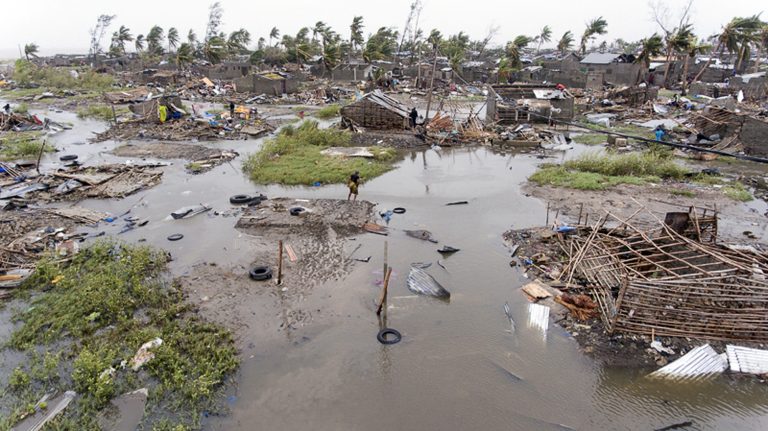 In this photo taken on Friday, March 15, 2019 and provided by the International Red Cross, an aerial view of the destruction of homes after Tropical Cyclone Idai, in Beira, Mozambique. Mozambique's President Filipe Nyusi says that more than 1,000 may have by killed by Cyclone Idai, which many say is the worst in more than 20 years. (Denis Onyodi/IFRC via AP)