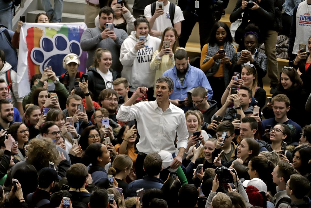 Beto O Rourke Democratic presidential candidate Beto O'Rourke, center, thanks students as he leaves the The Hub Robison Center on the Penn State campus in State College, Pa., Tuesday, March 19, 2019. (Gene J. Puskar/AP Photo)
