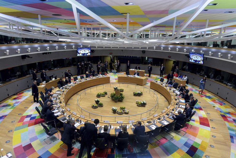 European Union leaders attend a round table meeting at an EU summit in Brussels, Thursday, March 21, 2019. British Prime Minister Theresa May is trying to persuade European Union leaders to delay Brexit by up to three months, just eight days before Britain is scheduled to leave the bloc. (Aris Oikonomou/Pool Photo via AP)