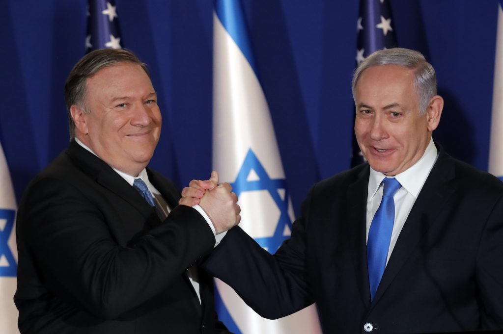 US Israel Pompeo U.S. Secretary of State Mike Pompeo shake hands with Israeli Prime Minister Benjamin Netanyahu, during their visit at Netanyahu's official residence in Jerusalem, Thursday March 21, 2019. (Jim Young/Pool Image via AP)