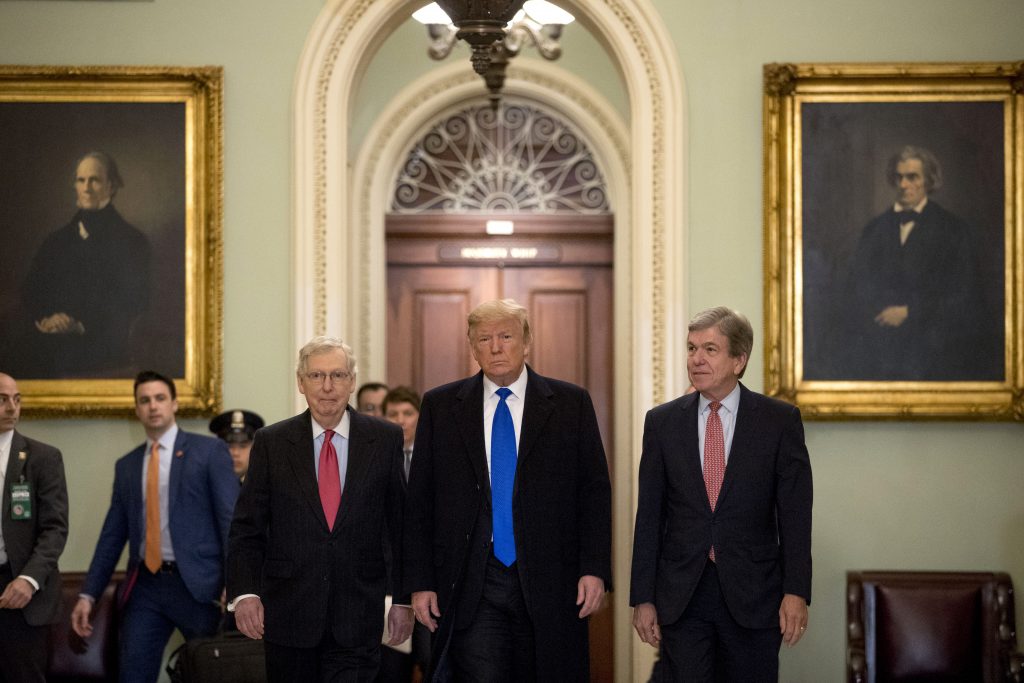 Donald Trump, Mitch McConnell, Roy Blunt President Donald Trump accompanied by Senate Majority Leader Mitch McConnell of Ky., left, and Sen. Roy Blunt, R-Mo., right, arrives for a Senate Republican policy lunch on Capitol Hill in Washington, Tuesday, March 26, 2019. (Andrew Harnik/AP Photo)