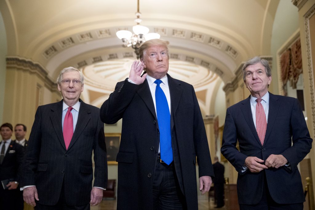 Donald Trump, Mitch McConnell, Roy Blunt President Donald Trump accompanied by Senate Majority Leader Mitch McConnell of Ky., left, and Sen. Roy Blunt, R-Mo., right, takes a question from a member of the media as he arrives for a Senate Republican policy lunch on Capitol Hill in Washington, Tuesday, March 26, 2019. (AP Photo/Andrew Harnik)
