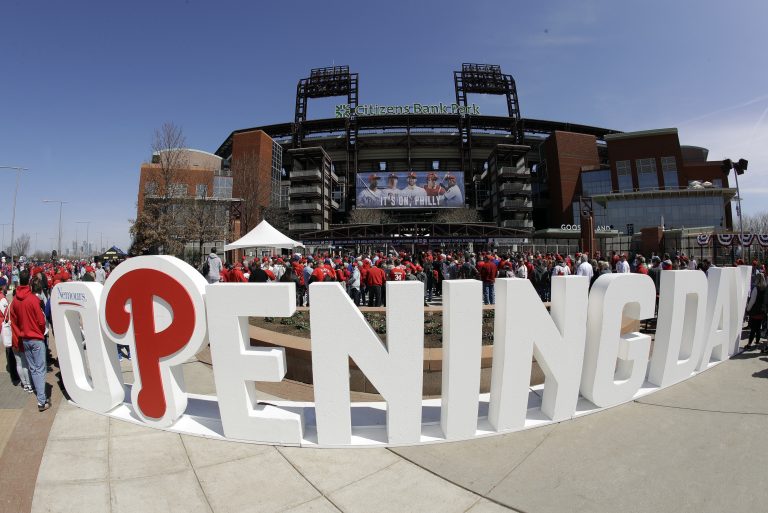 Fans gather for Phillies opening day against the Atlanta Braves at Citizen's Bank Park in Philadelphia Thursday March 28, 2019. (AP Photo/Matt Rourke)