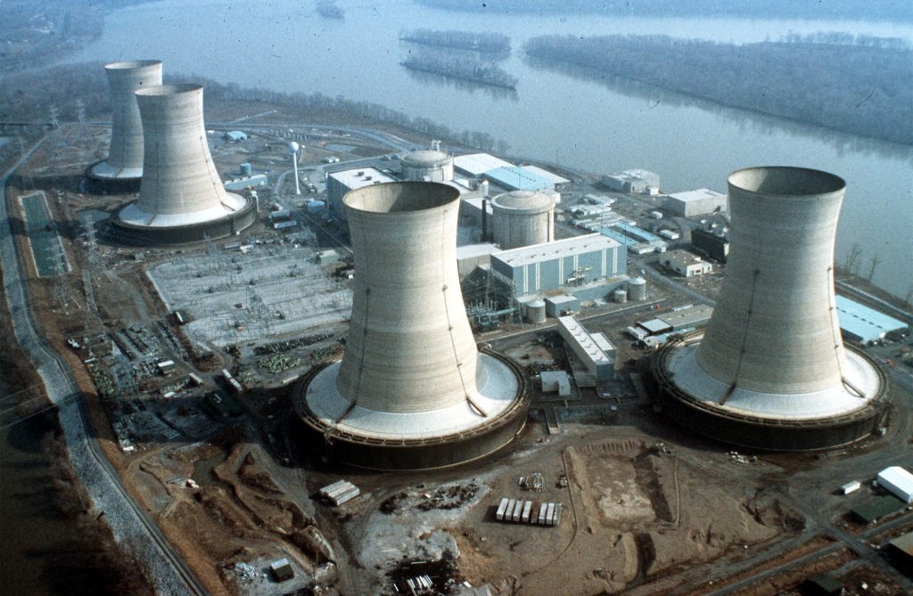 HARRISBURG NUCLEAR PLANT Aerial view of Three Mile Island nuclear plant near Harrisburg, Pa., scene of a nuclear accident, Thursday, March 28, 1979. The plant started leaking radioactive steam contaminating the area. (AP Photo)