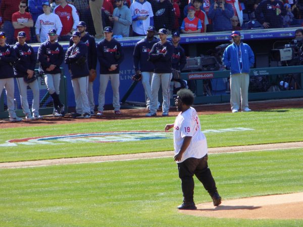 Questlove threw out the first pitch at the Phillies 2019 opening day game. (Ximena Conde/WHYY)