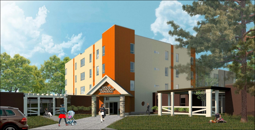 Front Elevation Rendering – GB_JPG A rendering of Inglis Methodist Gardens, part of Methodist Services’ 22-acre campus off Monument Road in West Philly. (Provided)