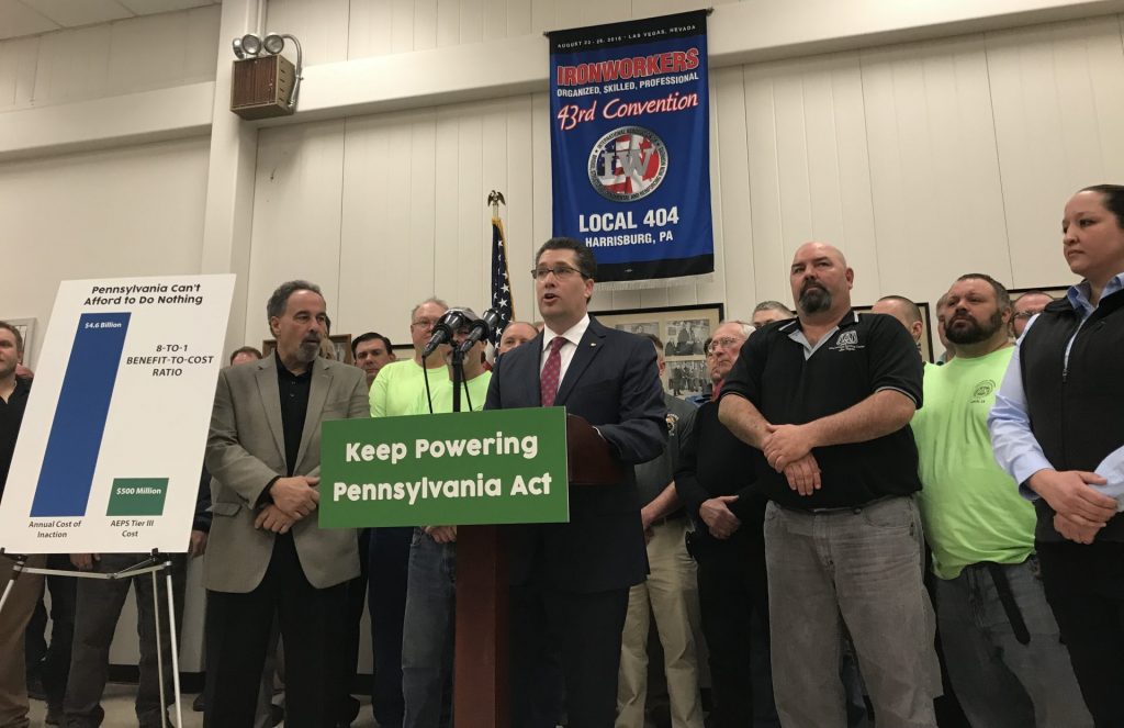 IMG_9355-e1552335621970-1920×1243 Rep. Thomas Mehaffie (R- Dauphin) unveils a bill aimed a preventing the early closure of two of Pennsylvania's five nuclear power plants. (Marie Cusick/StateImpact Pennsylvania)