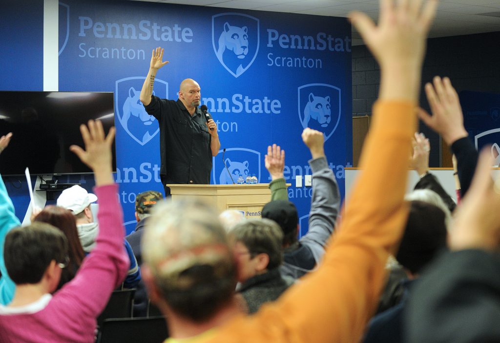 Pennsylvania Lt. Gov. John Fetterman recreational marijuana listening tour Pennsylvania Lt. Gov. John Fetterman asks for a show of hands with all in favor of adult recreational use marijuana at the conclusion of a listening session on recreational marijuana with community members Mar. 2, 2019, at Penn State Scranton in Dunmore, Pennsylvania. (Matt Smith for WHYY)