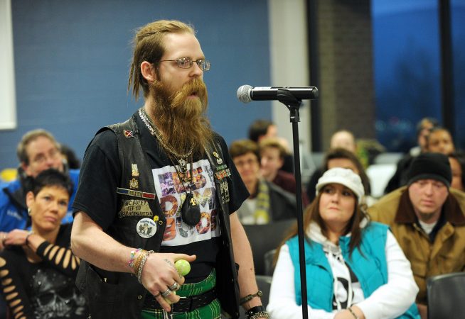 James Duffy, of Luzerne County, a veteran of the war in Afghanistan, talks about how marijuana use has eased his extreme symptoms of post-traumatic stress disorder during one of Lt. Gov. John Fetterman's listening sessions. (Matt Smith for WHYY)
