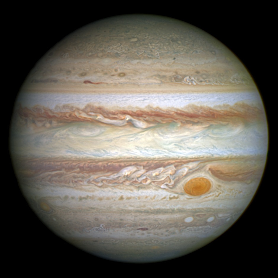 Jupiter_and_its_shrunken_Great_Red_Spot An image of Jupiter taken by the Hubble Space Telescope