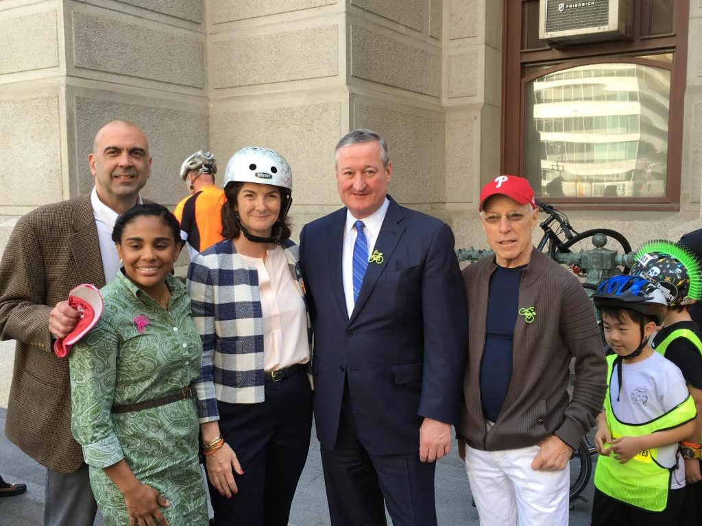 KENNEY AND BIKE ADVOCATES Mayor Jim Kenney and bicycle advocates in front of City Hall. (Bicycle Coalition of Greater Philadelphia/Facebook)