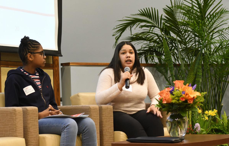 Students M’niyah DeVaughn and with Tatiana Amaya share their stories of empowerment during a discussion panel (Abdul R. Sulayman/The Philadelphia Tribune)