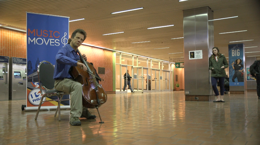 Philadelphia Orchestra cellist Bob Cafaro performs at Jefferson Station in Philadelphia as part of the 