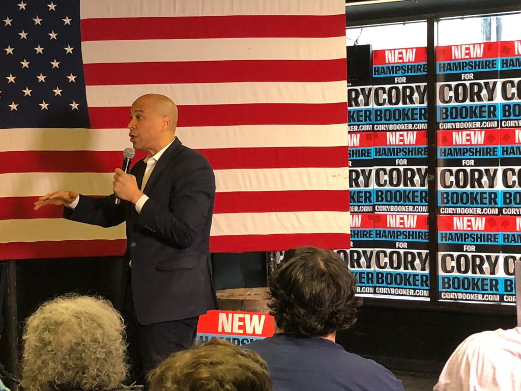 WHYYJHbooker U.S. Sen. Cory Booker, D-N.J. at a campaign stop in New Hampshire on Friday (Joe Hernandez/WHYY)