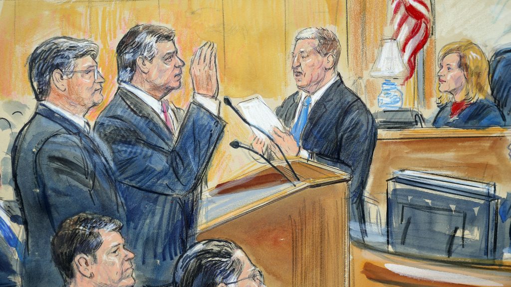 This courtroom sketch depicts former Donald Trump campaign chairman Paul Manafort (center) before U.S. District Judge Amy Berman Jackson in September 2018. She is scheduled to sentence Manafort on Wednesday. This courtroom sketch depicts former Donald Trump campaign chairman Paul Manafort (center) before U.S. District Judge Amy Berman Jackson in September 2018. She is scheduled to sentence Manafort on Wednesday. (Dana Verkouteren via AP)