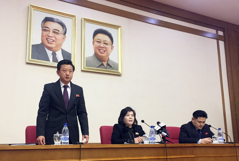 ap_19074165530409_custom-54a0946ece18b711037a453197c84bdaa54af890-s800-c85 North Korean Vice Foreign Minister Choe Son Hui, (center), speaks at a gathering for diplomats in Pyongyang, North Korea, on Friday. (Eric Talmadge/AP)