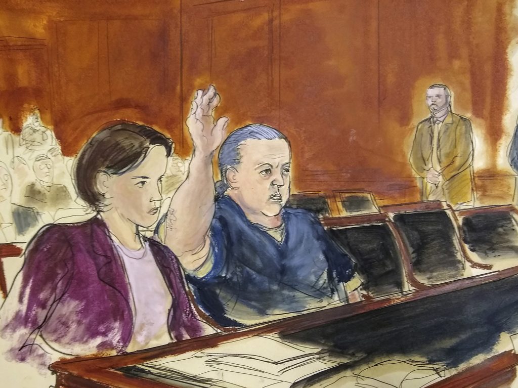 A courtroom sketch from November 2018 shows Cesar Sayoc, who pleaded guilty in New York on Thursday to sending bombs to media figures and to critics of President Trump. A courtroom sketch from November 2018 shows Cesar Sayoc who pleaded guilty in New York on Thursday to sending bombs to media figures and to critics of President Trump. (Elizabeth Williams/AP)