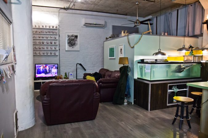 The living space of artists tacky Lee Webber and Joseph Leroux is attached to their studio spaces at the Globe Dye Works building. (Kimberly Paynter/WHYY)