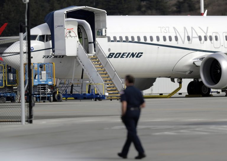 In this March 14, 2019, a Boeing 737 MAX 8 airplane parked at Boeing Field in Seattle. U.S. (AP Photo/Ted S. Warren, File)