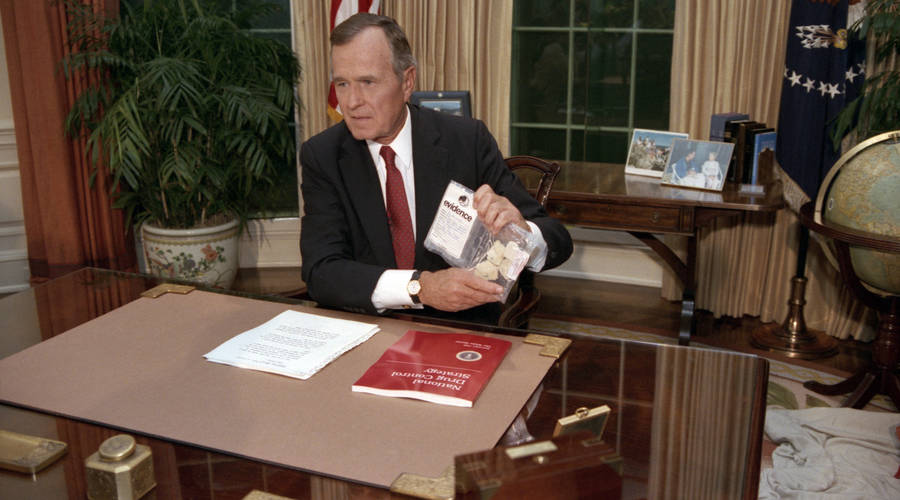 President George H.W. Bush addressing the nation on Sept. 5, 1989. The president illustrated the threat of drugs by holding up a baggie of crack he said had been seized across the street from the White House. (Courtesy of George Bush Presidential Library and Museum)