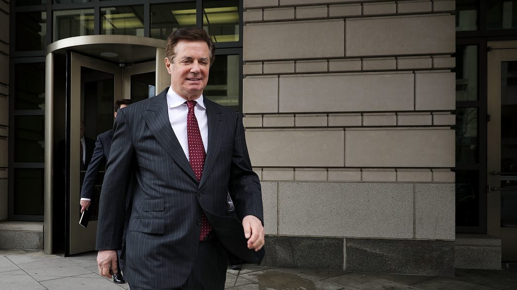 Paul Manafort is scheduled to be sentenced Thursday in a Virginia case. Here he's seen in April 2018 outside the E. Barrett Prettyman U.S. Courthouse in Washington, D.C. (Chip Somodevilla/Getty Images)