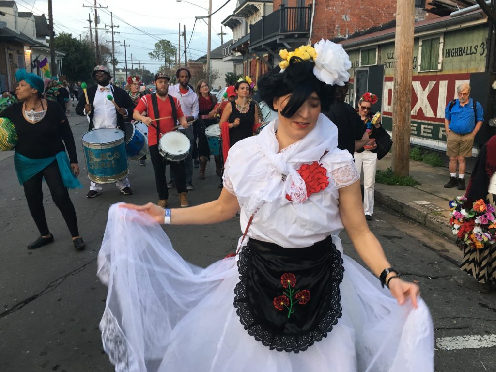 New Orleans resident Annie Gibson parades dressed as Frida Kahlo with Krewe de Mayahuel, a Mardi Gras krewe organized by the Mexican immigrant population in the city. New Orleans resident Annie Gibson parades dressed as Frida Kahlo with Krewe de Mayahuel, a Mardi Gras krewe organized by the Mexican immigrant population in the city. (Adolfo Guzman-Lopez/KPCC)