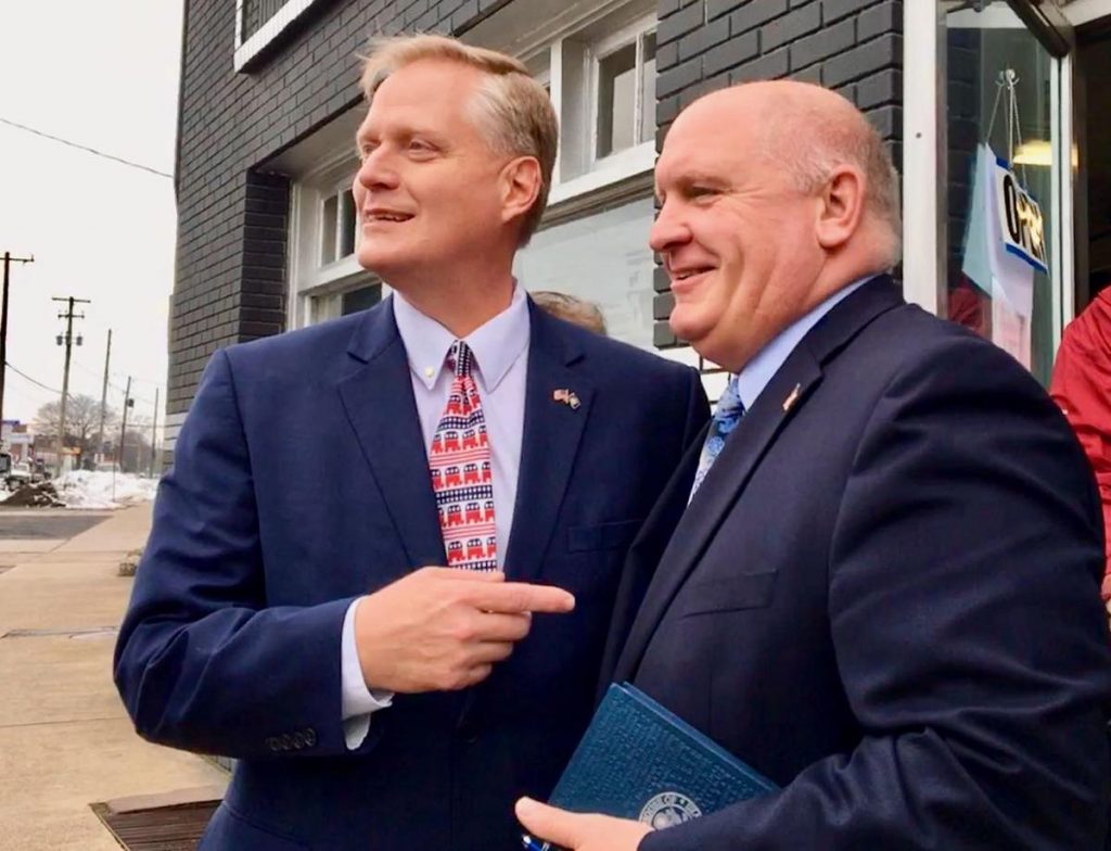 kellerthompson__1_ State Rep. Fred Keller, (left), with U.S. Rep. G.T. Thompson in Williamsport Saturday, March 2, 2019. Thompson announced that Keller was selected by conferees to be the nominee for the U.S. House 12th Congressional district. (Anne Danahy / WPSU)