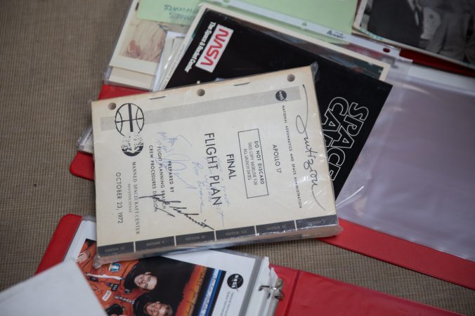 A signed copy of the flight plan from Apollo 17. (Lindsay Lazarski/WHYY)