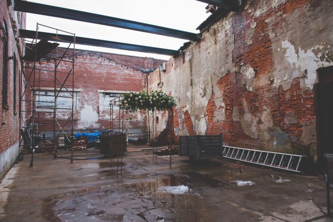 The yet-to-be-finished courtyard inside the former Globe Dye Works building. (Courtesy of Birchtree Catering/BeauMonde Originals)