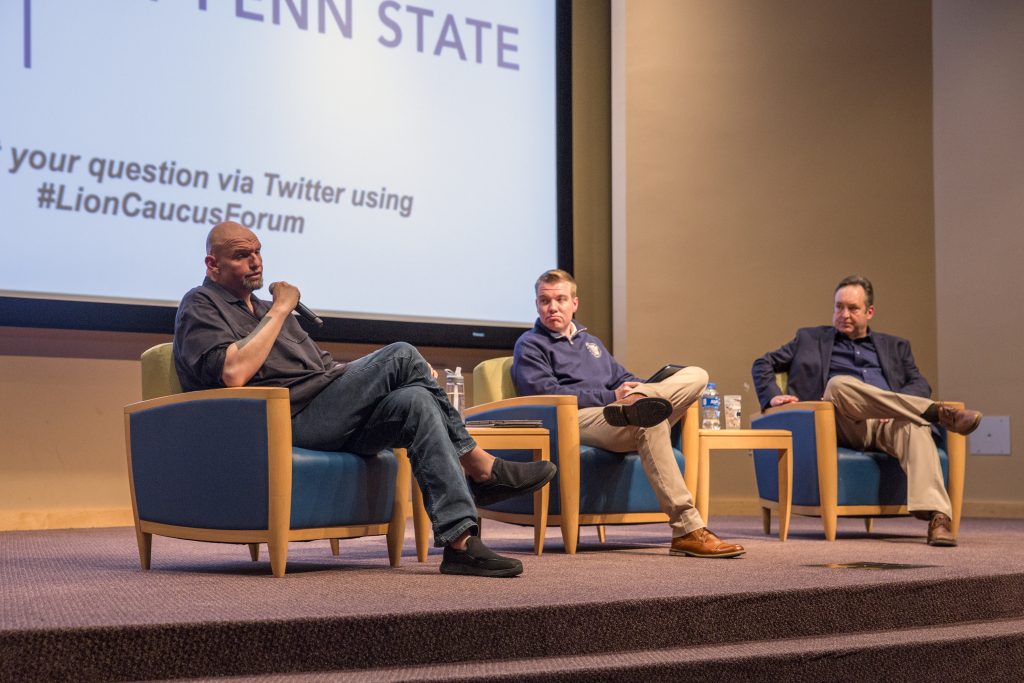 041119 MX forum Pennsylvania Lieutenant Governor John Fetterman (left) and Senate Majority Leader Jake Corman (right) took turns discussing the rising cost of college education at Penn State's University Park campus on Thursday, April 11, 2019. (Min Xian / Keystone Crossroads)