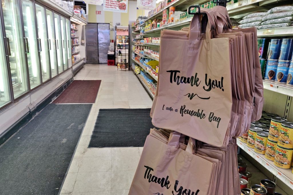 2019 03 03-x lopez-narberth-straw ban Reusable bags in a grocery aisle