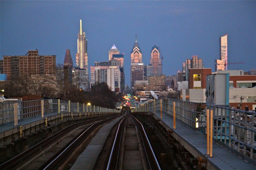 2019 03 18-e lee-philadelphia el market frankford-skyline septa A view of the Philadelphia skyline from the Market-Frankford elevated line in West Philadelphia. (Emma Lee/WHYY)