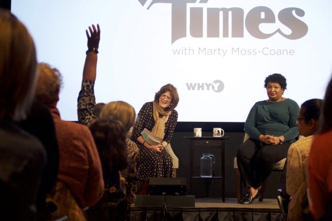 Stacey Abrams speaks about politics and her life during an interview with Marty Moss-Coane for a live audience at WHYY in Philadelphia, Pa., April 5, 2019. (Bastiaan Slabbers for WHYY)