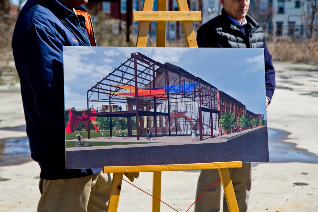 2019 04 1 roebling-2 This rendering from Princetel, a fiberoptic rotary joint manufacturer, shows redevelopment of the Roebling factory in Trenton, N.J. (Kimberly Paynter/WHYY)