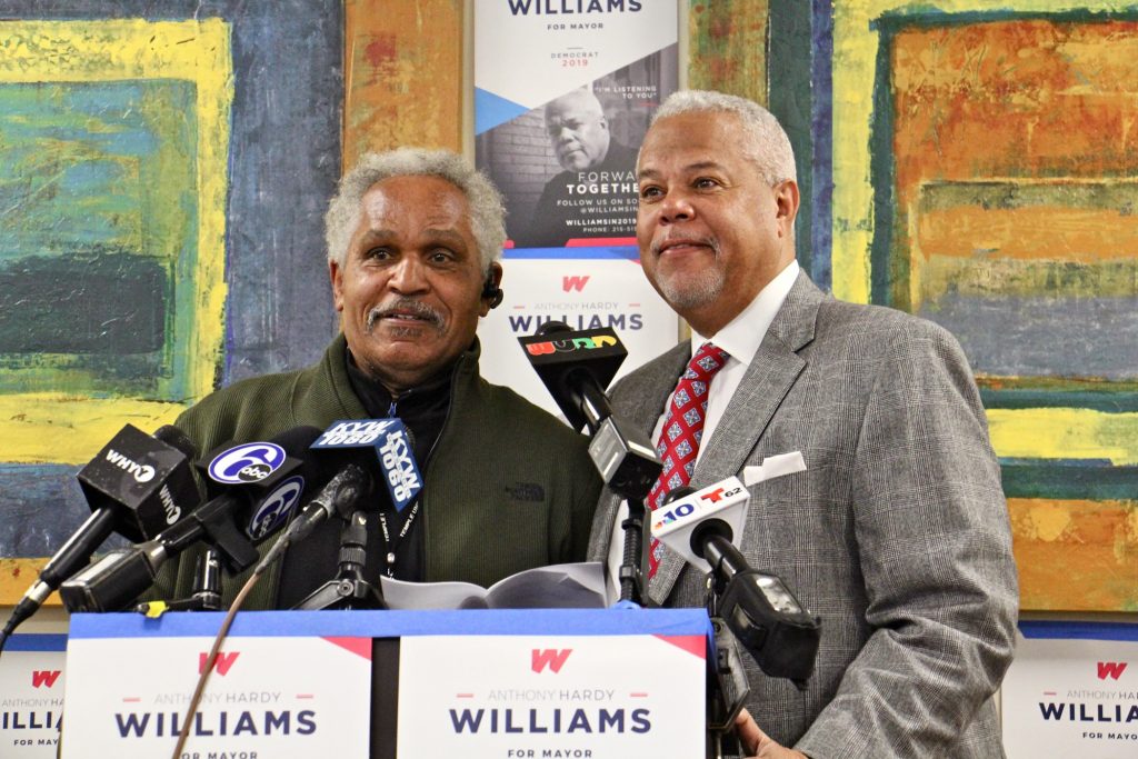 2019 04 11-e lee-john street anthony williams-philadelphia venango house-mayoral endorsement Former Philadelphia Mayor John Street (left) endorses mayoral candidate Anthony Williams during a press conference at Venango House in North Philadelphia. (Emma Lee/WHYY)
