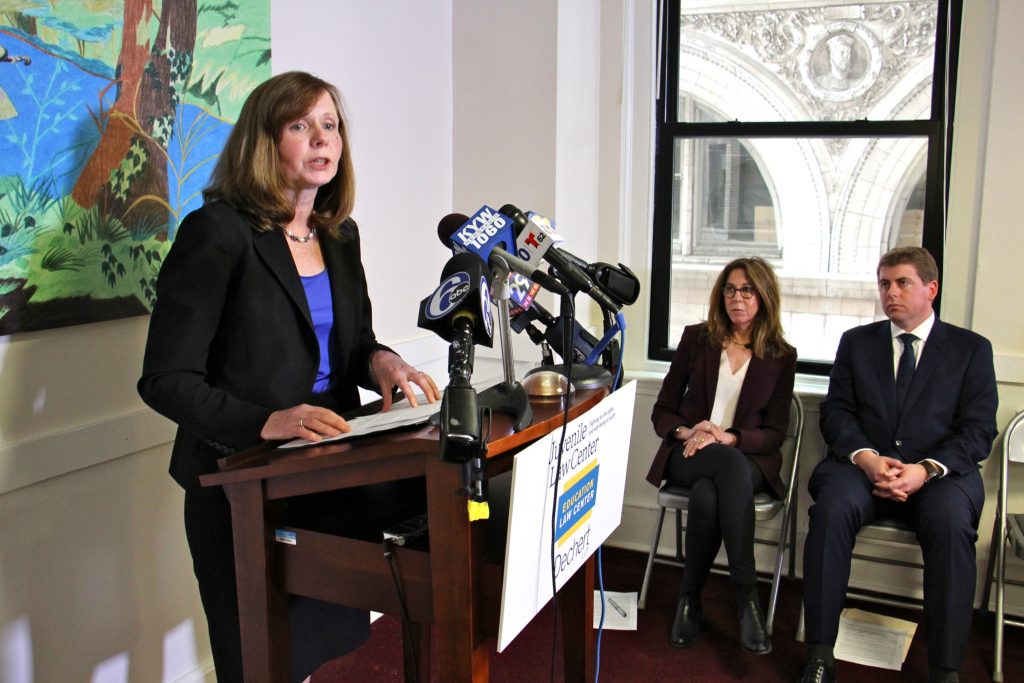 2019 04 11-e lee-philadelphia-glen mills schools lawsuit Maura McInerney, legal director fo Education Law Center, talks about a class action lawsuit against Glen Mills Schools which charges that boys at the reform school were abused and deprived of education. She is joined by Chief Legal Officer Marsha Levick and Michael McGinley, a partner at Dechert LLP. (Emma Lee/WHYY)