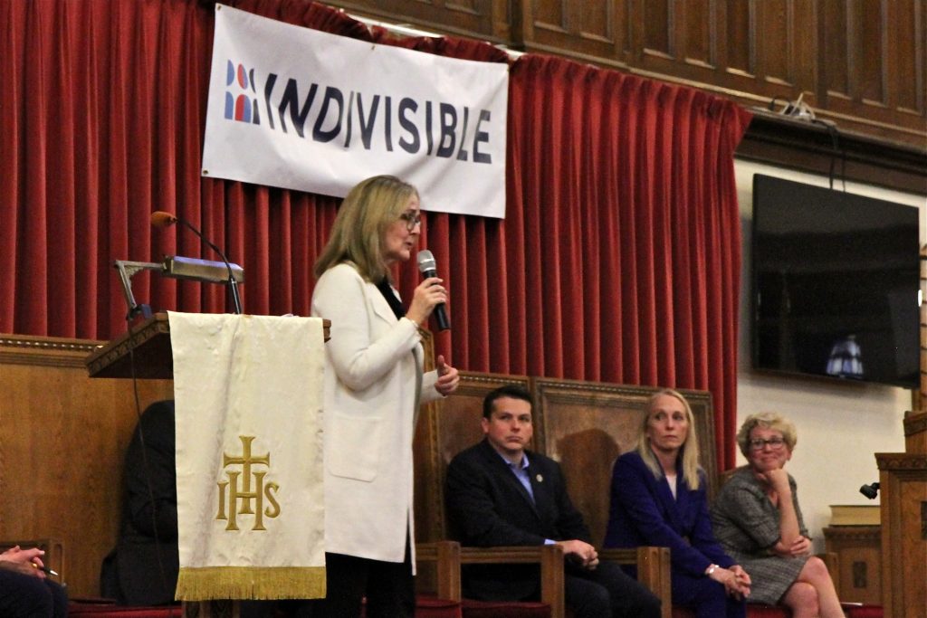 2019 04 24-x conde-madeleine dean brendan boyle mary gay scanlon chrissy houlahan-philadelphia tindley temple-indivisible candidates forum Southeastern Pennsylvania U.S. representatives (from left) Madeleine Dean, Brendan Boyle, Mary Gay Scanlon, and Chrissy Houlahan, address some of the most important concerns of Indivisible Project members during a forum at Tindley Temple United Methodist Church in Philadelphia. (Ximena Conde/WHYY)