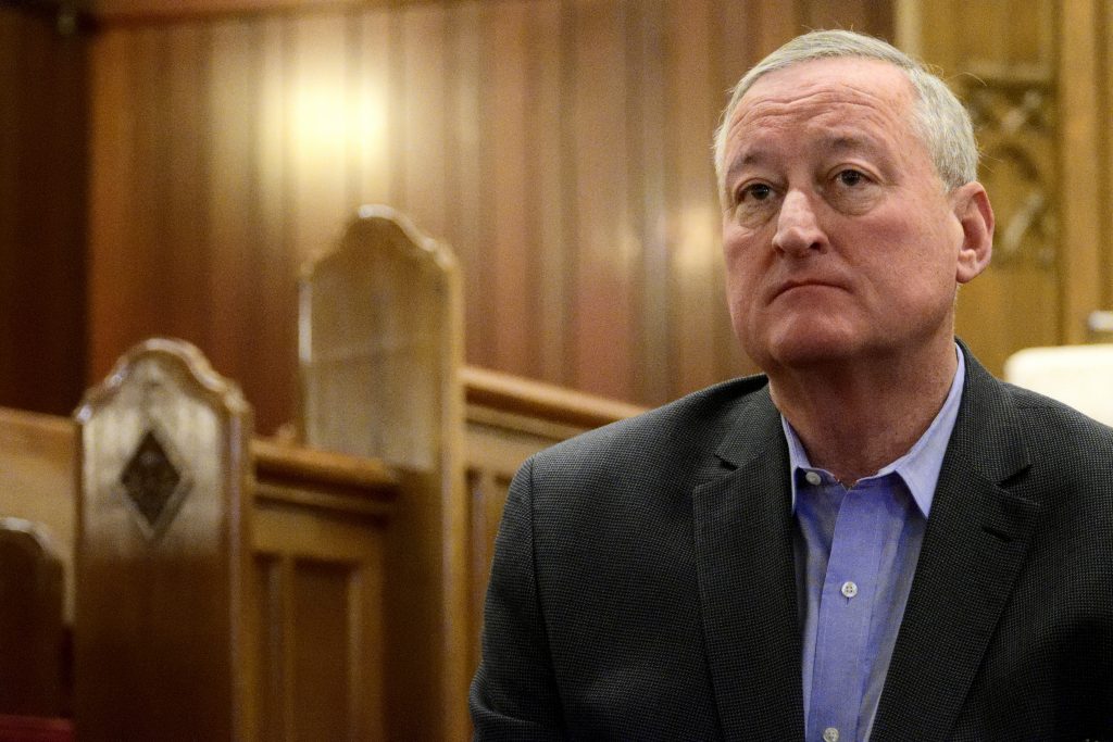 Mayor Jim Kenney reacts to questions about gun violence, blight and inequality during a forum with all three mayoral candidates at Janes Church in Germantown on April 28. (Bastiaan Slabbers for WHYY)