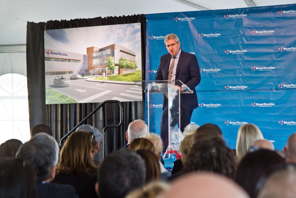 2019 04 30 resintech-3 ResinTech CEO Jeffrey Gottlieb speaks at the groundbreaking ceremony for ResinTech’s new Camden headquarters. (Kimberly Paynter/WHYY)