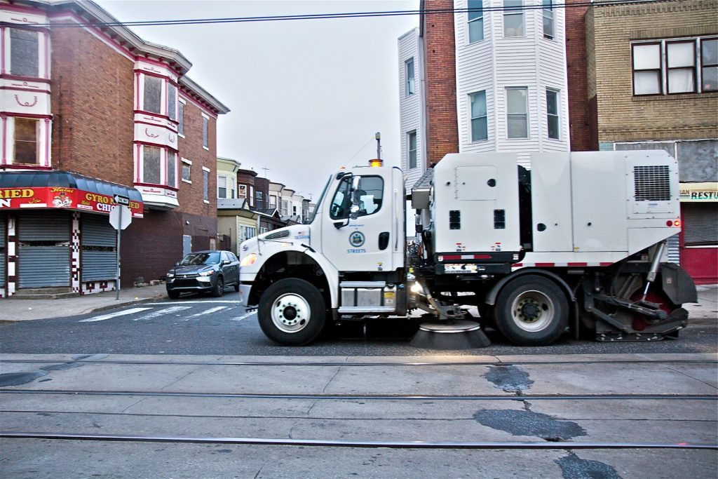 2019 04 kpaynter street sweeping-3 A city street sweeper cleans Chester Avenue in Southwest Philadelphia. (Kimberly Paynter/WHYY)