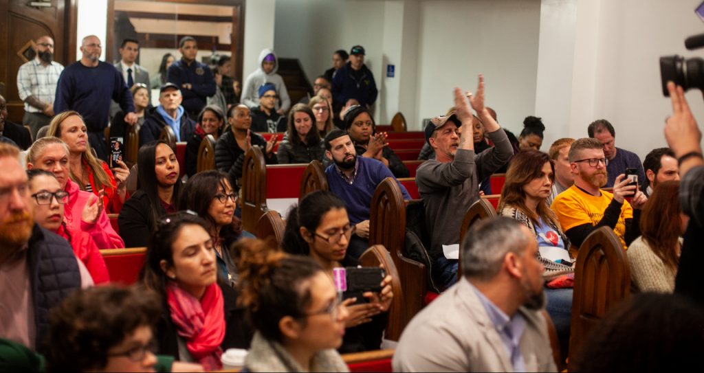 2019 4 1- b larrison- philadelphia- mark squilla maria quinones sanchez solomon jones anthony hardy williams- community meeting on safe injection site in kensington -12 Philadelphia residents from Kensington and beyond crowd a public discussion in April on a proposed supervised injection site on Hilton Street near Kensington and Allegheny Avenue. (Brad Larrison for WHYY)