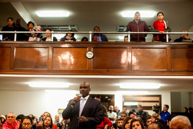 Moderator Solomon Jones speaks during the Q&A at a community forum on a proposed safe injection site Monday evening at Bethel Temple Community Bible Church. (Brad Larrison for WHYY)