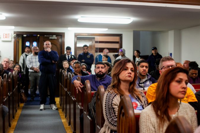 Philadelphia residents from Kensington and beyond atteneded a community forum discussing a proposed safe injection site on Hilton Street near Kensington and Allegheny Avenue. (Brad Larrison for WHYY)
